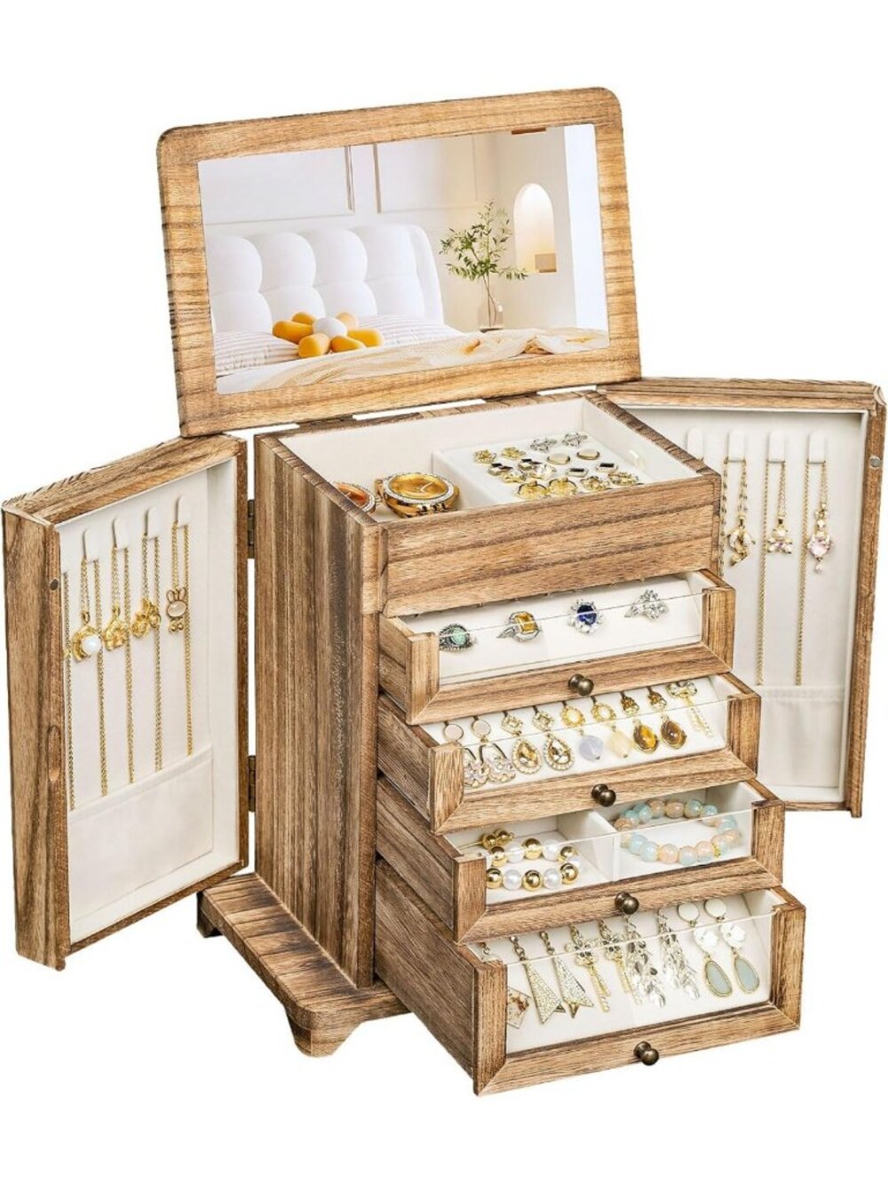 Rustic Wooden Jewelry Box for Women with 4 Clear Drawers - Stylish Storage